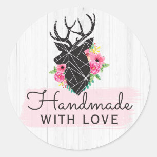 Handmade With Love Modern Geometric Deer & Roses Classic Round Sticker