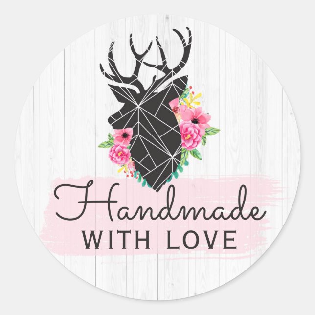 Handmade With Love Modern Geometric Deer & Roses Classic Round Sticker (Front)