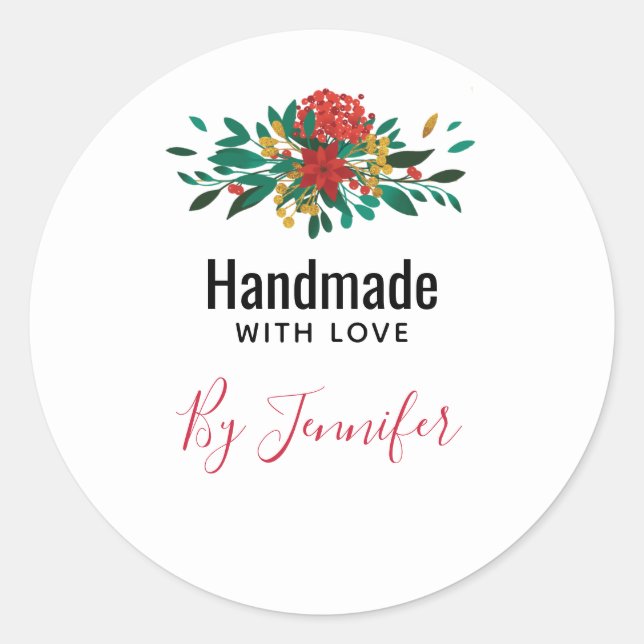 Handmade with Love Modern Red Green & Gold Floral Classic Round Sticker (Front)