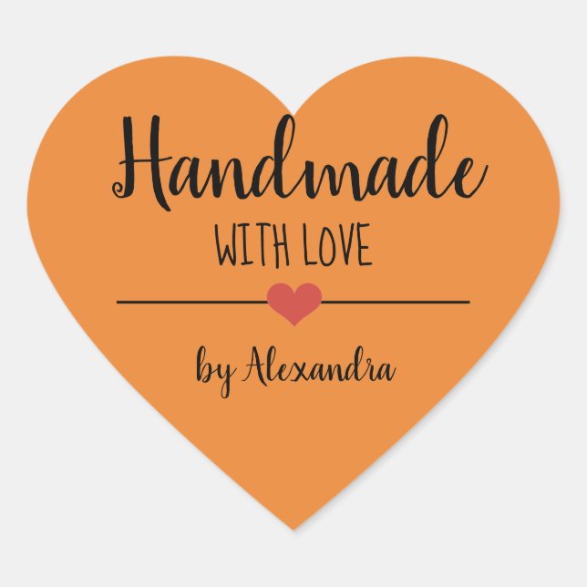 Handmade with love orange script heart sticker (Front)