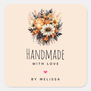 Handmade with Love Orange Yellow Flower Bouquet Square Sticker