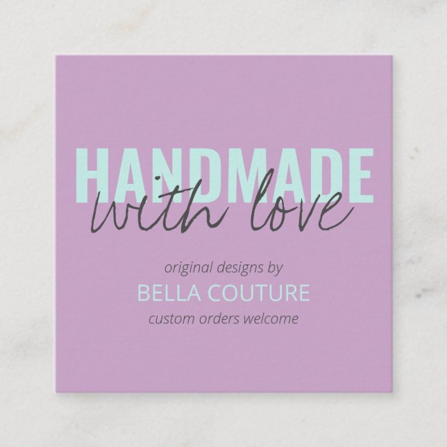 Handmade with Love Oversized Typography Lilac Square Business Card (Front)