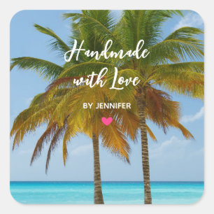 Handmade with Love Palm Trees on a Tropical Beach Square Sticker