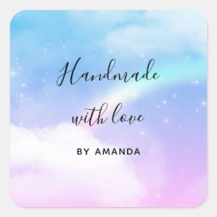 Handmade with Love Pastel Clouds and a Rainbow Square Sticker