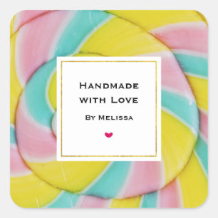 Handmade with Love Pastel Rainbow Spiral Candy Square Sticker