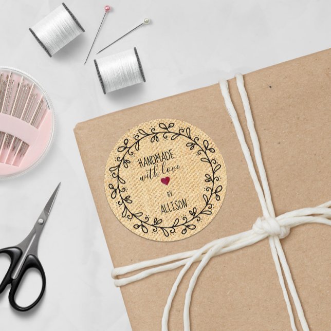 #Handmade with Love Personalised Faux Fabric Craft Classic Round Sticker (Creator Uploaded)