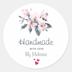 Handmade with Love Pink & Grey Flowers Watercolor Classic Round Sticker