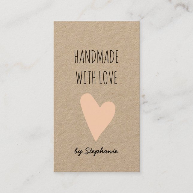 Handmade with Love Pink Heart | Kraft Paper Rustic Business Card (Front)