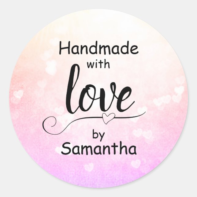 Handmade with Love Pink Ombre Heart Custom Name Classic Round Sticker (Front)