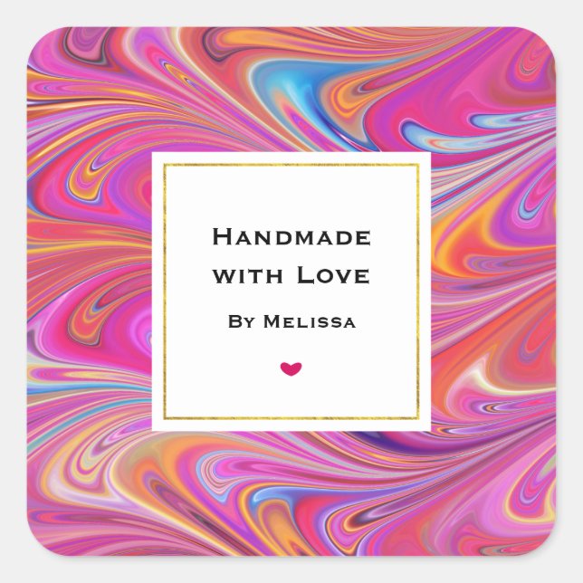 Handmade with Love Pink Orange Swirls Abstract Square Sticker (Front)