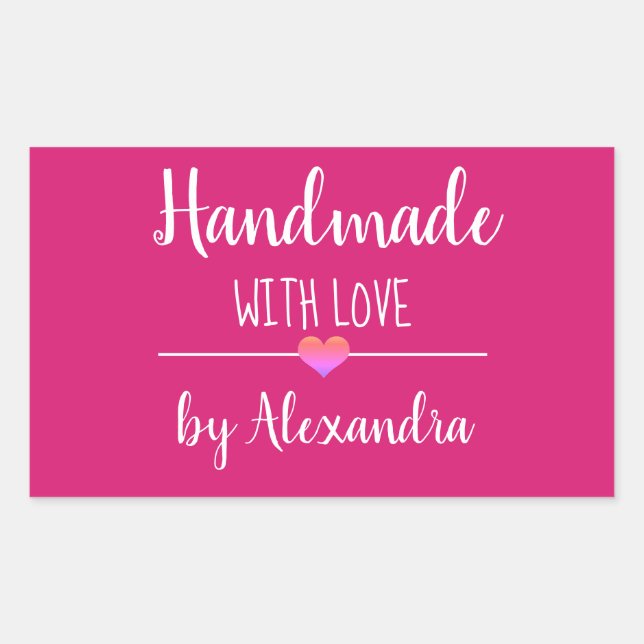 Handmade with love pink script name rectangular sticker (Front)