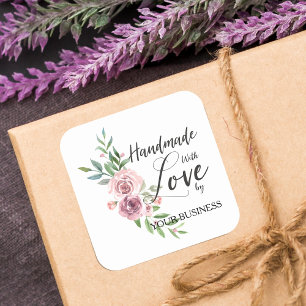 Handmade with Love Quote on Pink Floral Wreath Square Sticker