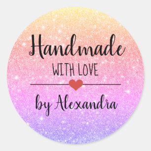 Handmade with love rainbow glitter script  classic round sticker