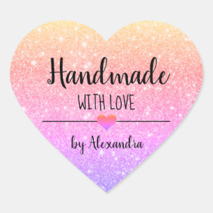 Handmade with love rainbow glitter script heart sticker