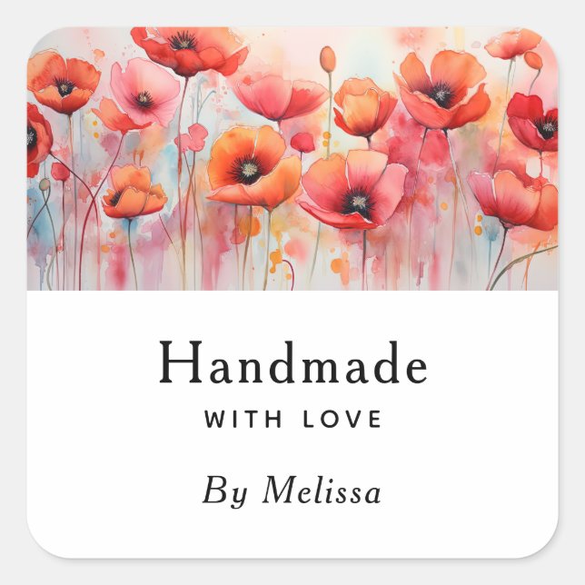 Handmade with Love Red Watercolor Poppies Square Sticker (Front)