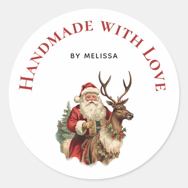 Handmade with Love Retro Santa Claus and Reindeer Classic Round Sticker (Front)