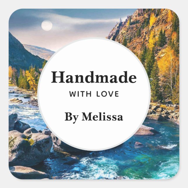 Handmade with Love River and Mountains Scenic Square Sticker (Front)