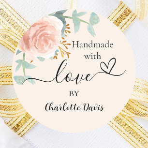 Handmade with love rose gold floral peach classic round sticker