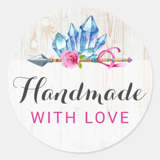 Handmade With Love Rustic Bohemian Crystal Gems Classic Round Sticker (Front)