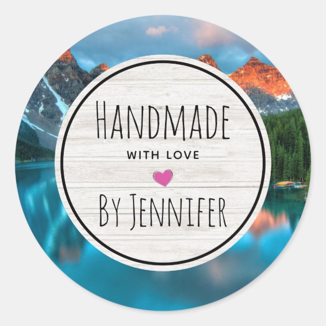 Handmade with Love Scenic Mountain & Lake Photo Classic Round Sticker (Front)