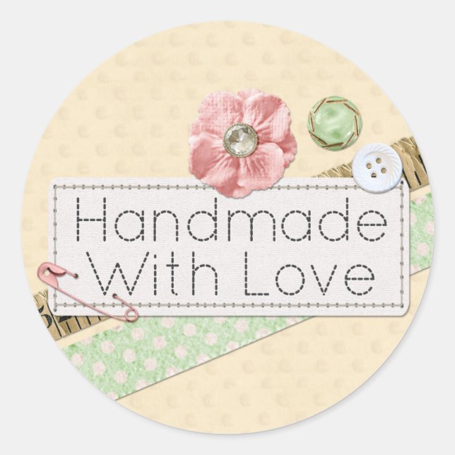 Handmade With Love Sewing Stitches & Buttons Classic Round Sticker (Front)