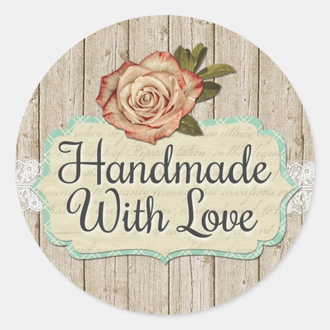 Handmade With Love Shabby Chic Roses & Wood Classic Round Sticker (Front)