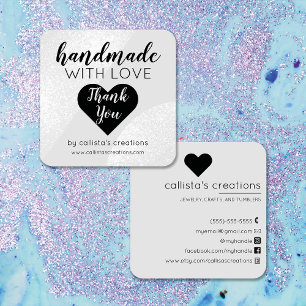 Handmade With Love Silver Grey Glitter Geo Heart Square Business Card