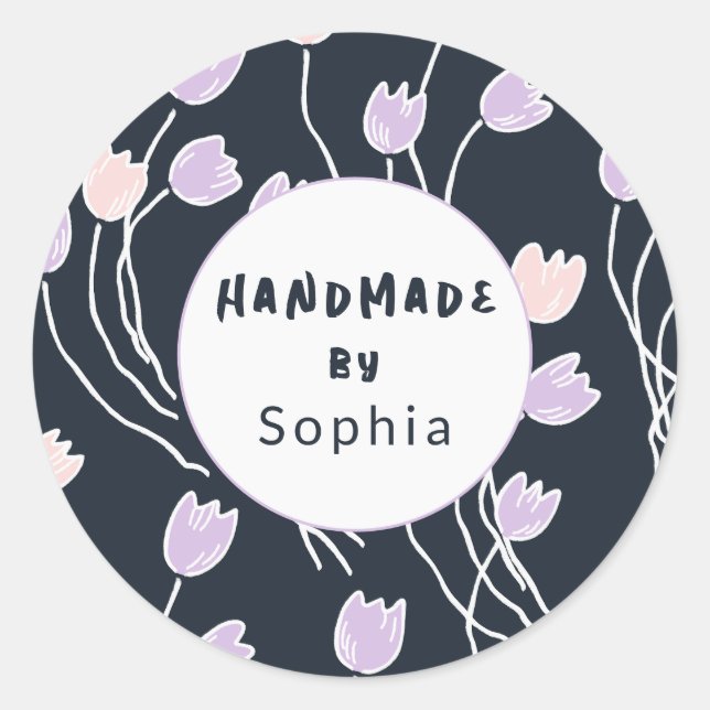 Handmade With Love Sketchy Floral Midnight Garden Classic Round Sticker (Front)