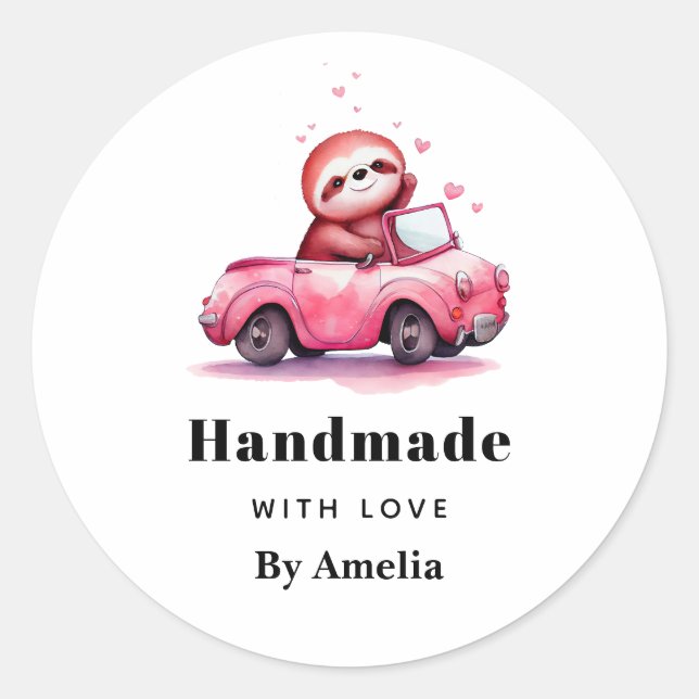 handmade with Love Sloth in a Pink Convertible Classic Round Sticker (Front)