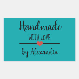 Handmade with love teal script name rectangular sticker