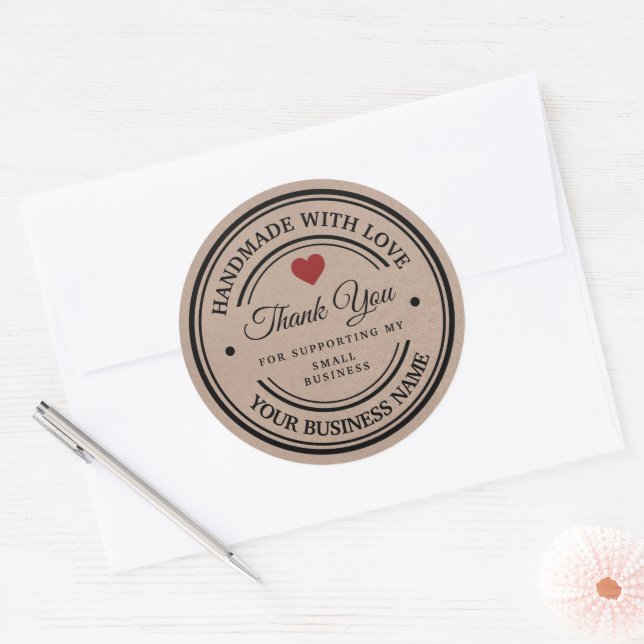 handmade with love | thank you | kraft paper classic round sticker (Envelope)
