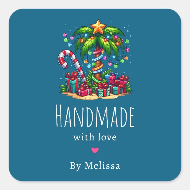 Handmade with Love Tropical Christmas Palm Tree Square Sticker (Front)