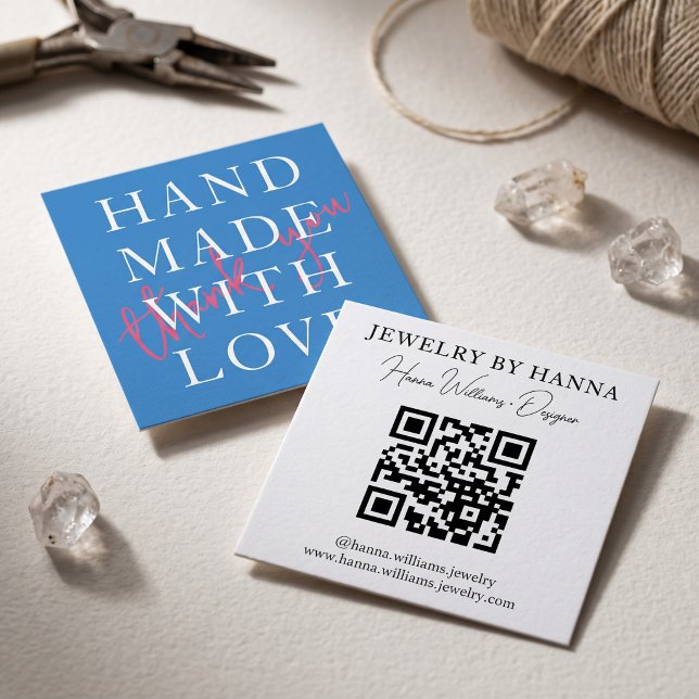 Handmade with Love Typography Design Square Business Card (Simulated business cards on table)