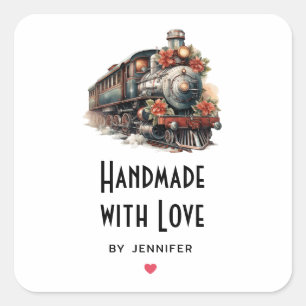 Handmade with Love Vintage Steam Train Christmas Square Sticker