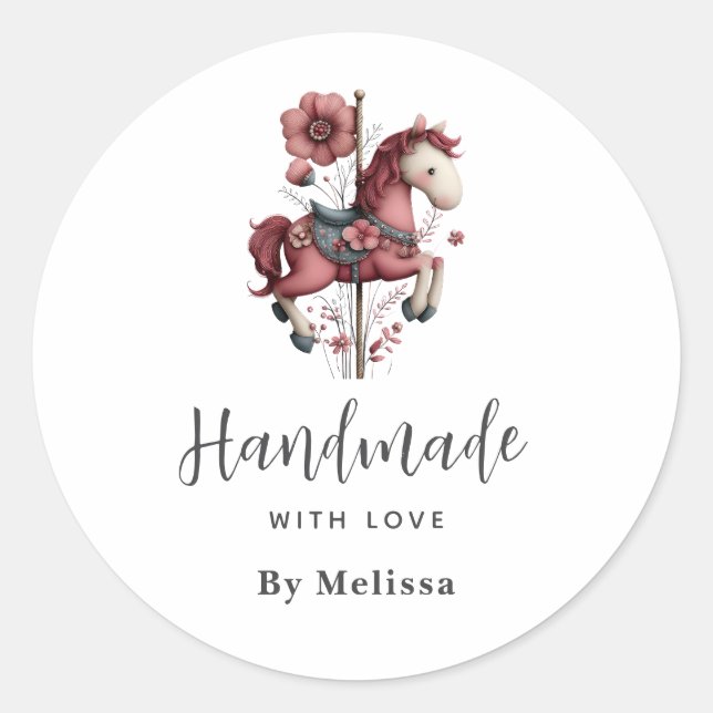 Handmade with Love Whimsical Carousel Horse Image Classic Round Sticker (Front)