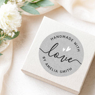 Handmade with love white hearts name grey paper classic round sticker
