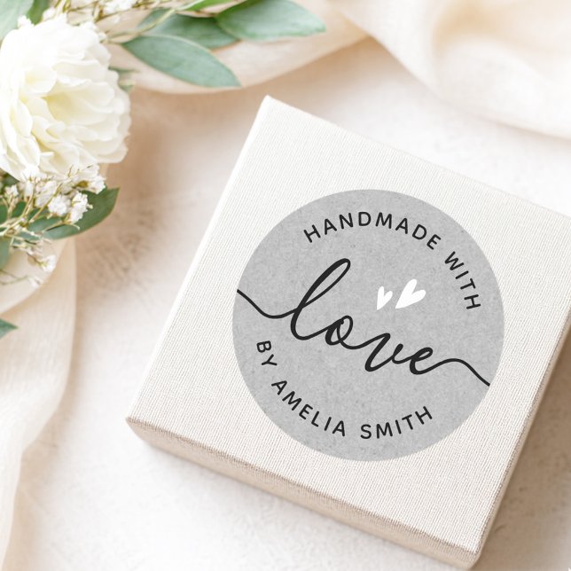 Handmade with love white hearts name grey paper classic round sticker (Handmade with love white hearts name gray paper classic round sticker)