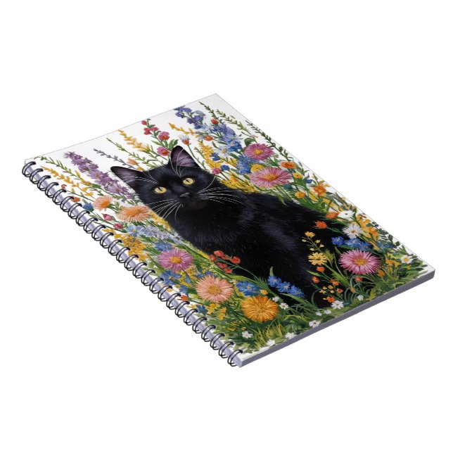  Handpainted Black Cat & Floral Embroidery Art  Notebook (Right Side)
