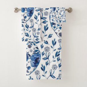 Handpainted Blue & White Chinoiserie Floral Style Bath Towel Set