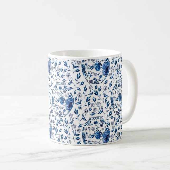 Handpainted Blue & White Chinoiserie Floral Style Coffee Mug (Front Right)
