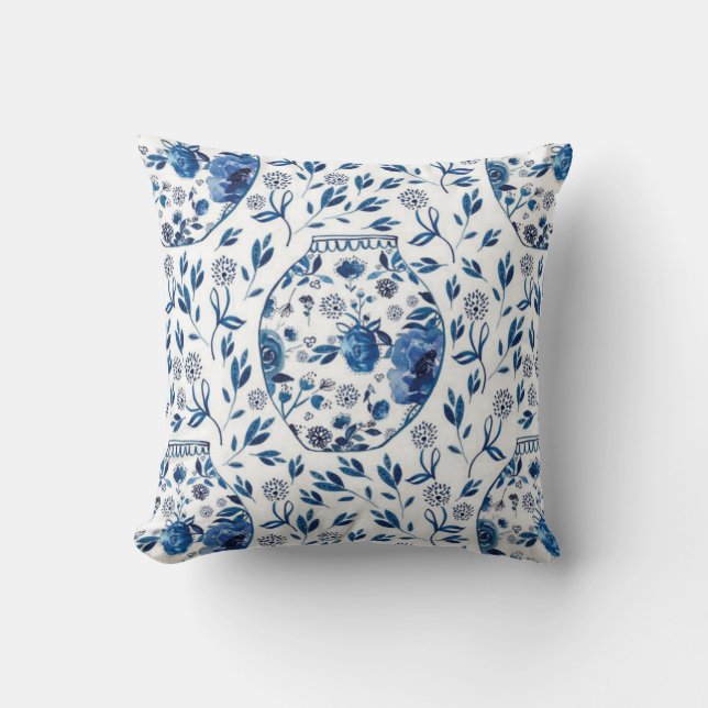 Handpainted Blue & White Chinoiserie Floral Style Cushion (Front)