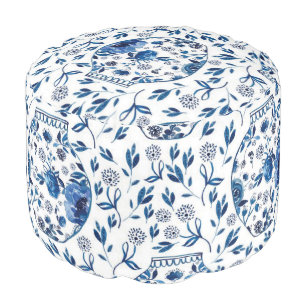 Handpainted Blue & White Chinoiserie Floral Style Pouf