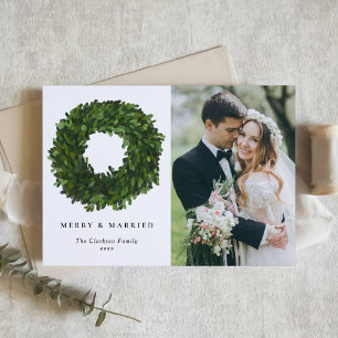 Handpainted Boxwood Wreath Merry and Married Photo Holiday Card