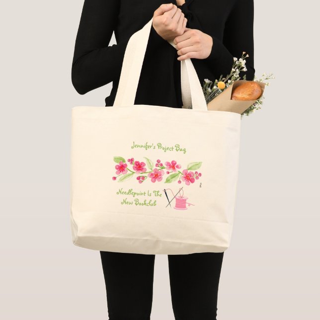 Handpainted Cherry Blossoms Needlepoint  Large Tote Bag (Front (Product))