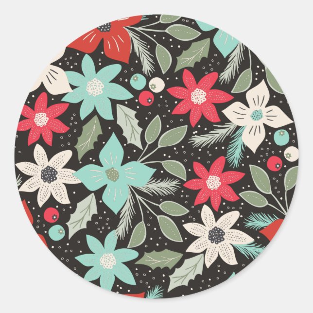 Handpainted Christmas Poinsettia Red White Aqua Classic Round Sticker (Front)