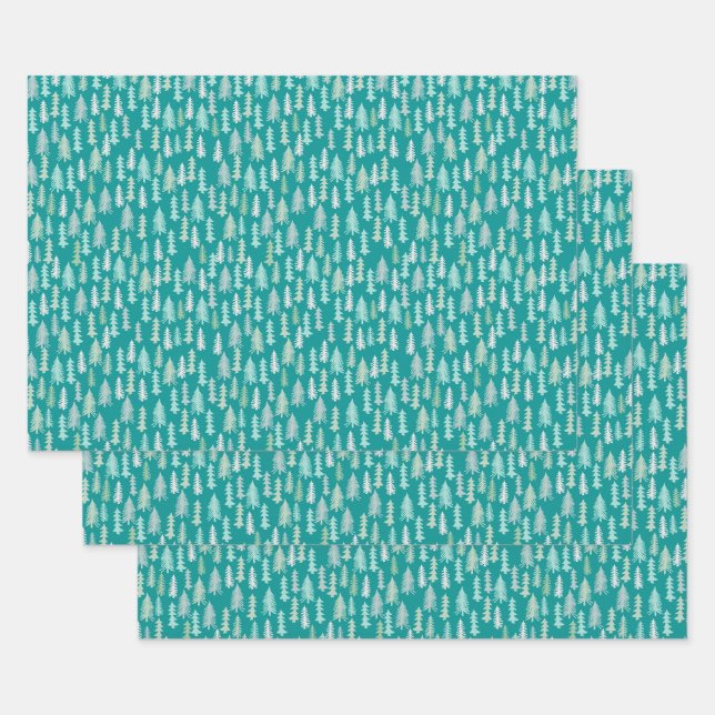 Handpainted Christmas Trees Aqua White Blue Teal Wrapping Paper Sheet (Set)
