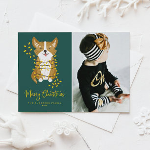 Handpainted Corgi in Lights Dog Photo Christmas Holiday Postcard