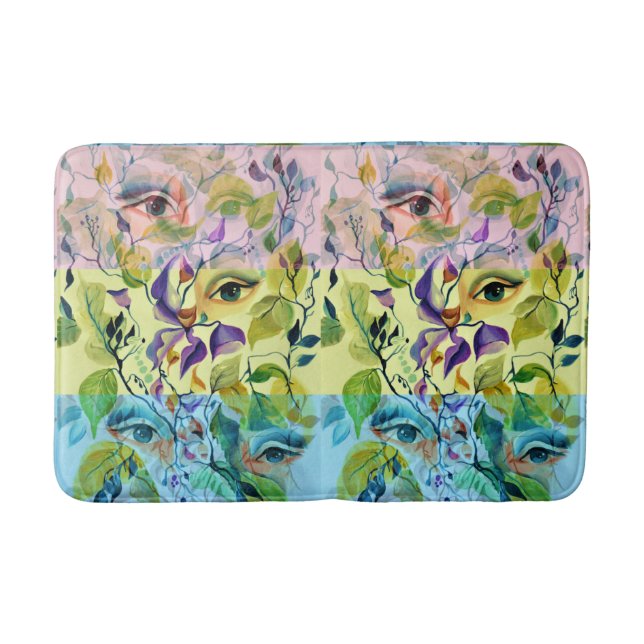 Handpainted Elegant Feminine Eyes Colourful Leaves Bath Mat (Front)