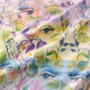 Handpainted Elegant Feminine Eyes Colourful Leaves Fabric