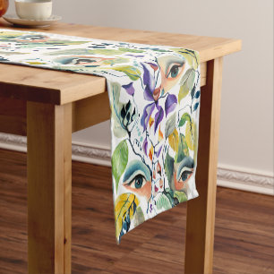Handpainted Elegant Feminine Eyes Colourful Leaves Short Table Runner